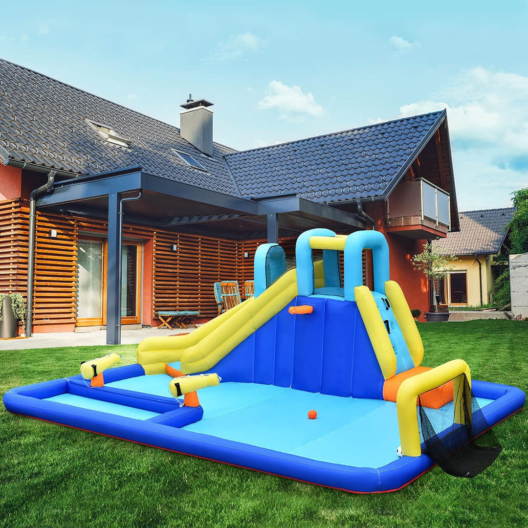 GOPLUS Aufblasbarer Hüpfburg, Wasserpark mit Rutsch&Kletterwand&Wasserkanone&Fussballtor, Planschbec