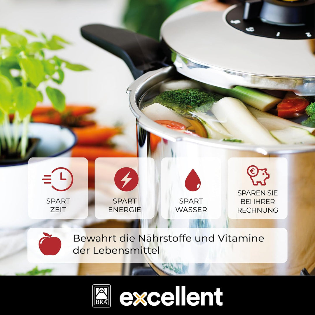 BRA Excellent | 6-Liter-Schnellkochtopf mit einfachem Öffnen, aus Edelstahl 18/10, mit 2 Kochprogram