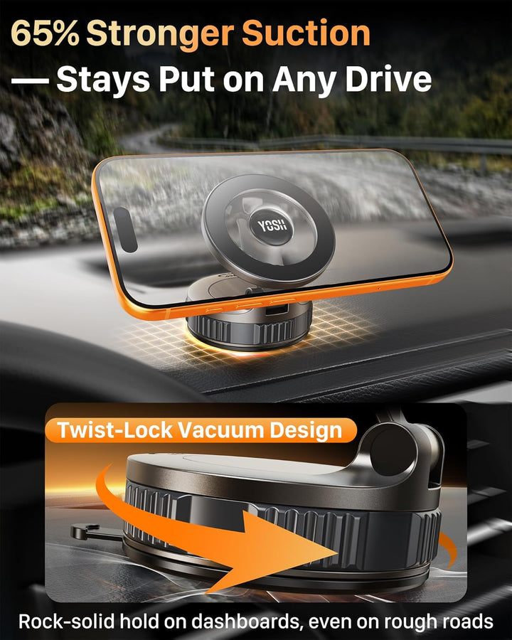 YOSH Vakuum Handyhalterung Auto für MagSafe, Starke Saugkraft mit Twist-Lock, 360° drehbare Basis &