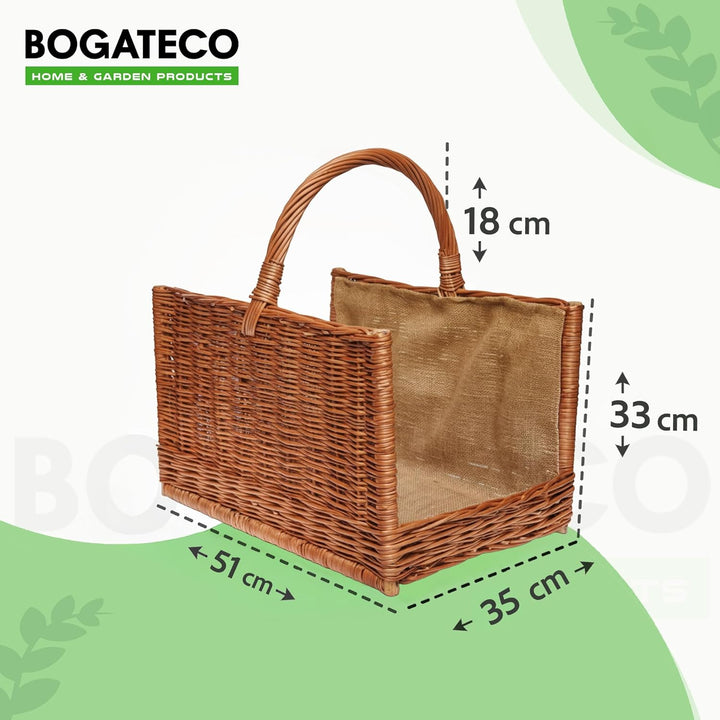BOGATECO Weidenkorb mit quadratischem Griff | Grosser Kaminkorb 51X35X33 | Handgewebt | Mit Jute aus