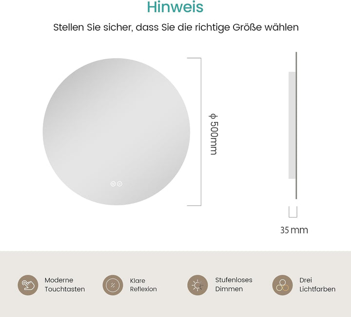 EMKE Badspiegel mit Beleuchtung Rund 50cm Badezimmerspiegel mit 3 Lichtfarbe dimmbar, Touch, Speiche