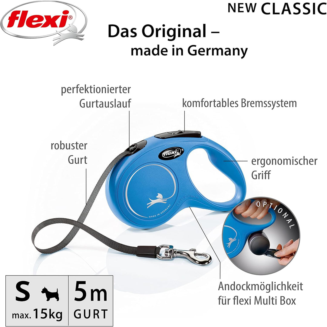 flexi® Classic S Gurt 5 m blau, Roll-Leine für Hunde bis 15 kg, S
