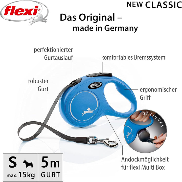 flexi® Classic S Gurt 5 m blau, Roll-Leine für Hunde bis 15 kg, S