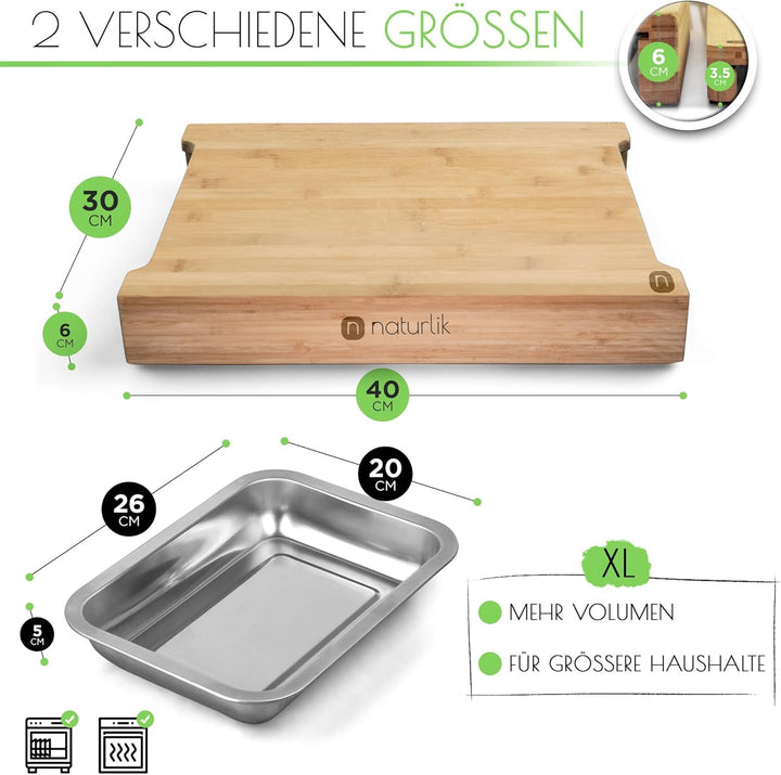 naturlik Schneidebrett XL mit magnetischen Auffangschalen - Hochwertiges FSC® Bambus Schneidebrett m