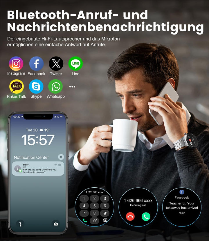 Smartwatch Herren mit Telefonfunktion,1,39 Zoll Smart Watch mit Herzfrequenz Schlafmonitor SpO2 Noti