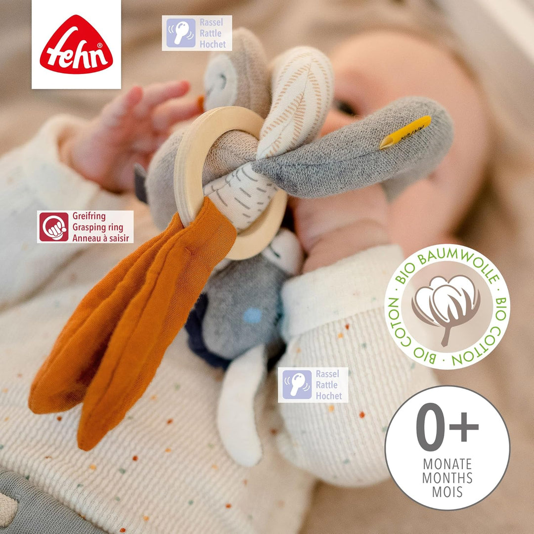 Fehn 052312 Greifball Esel & Teddy NATUR – Motorik-Spielball mit Rassel zum Werfen, Greifen, Rollen
