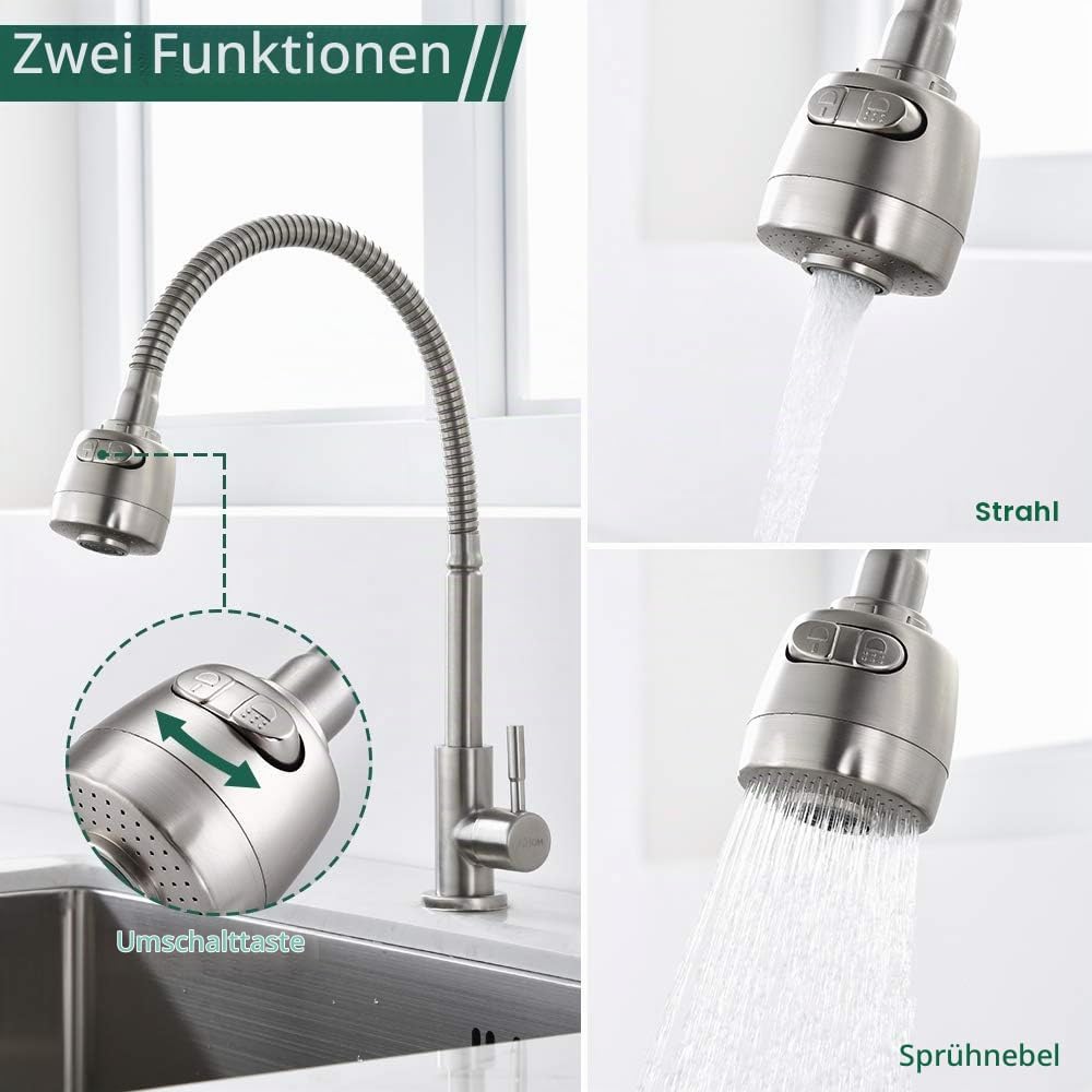 HOMELODY Wasserhahn Küche 360° Schwenkbar nur Kaltwasser 2 strahlarten Kaltarmatur aus Edelstahl Küc