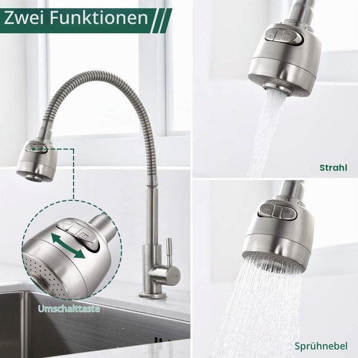 HOMELODY Wasserhahn Küche 360° Schwenkbar nur Kaltwasser 2 strahlarten Kaltarmatur aus Edelstahl Küc