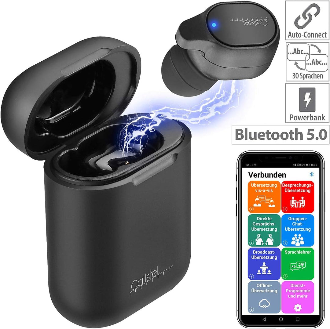 Callstel Translator: 2in1-Live-Übersetzer und In-Ear-Mono-Headset mit Powerbank-Box & App (Live Tran