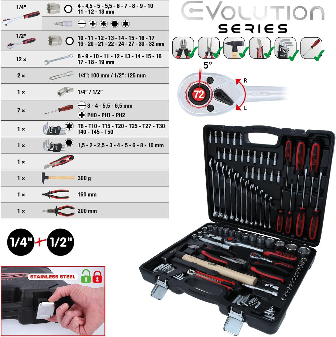 KS Tools 917.0797 1/4 Zoll + 1/2 Zoll Universal-Werkzeug-Satz | inklusive 2 Umschaltknarren, 72-Zahn