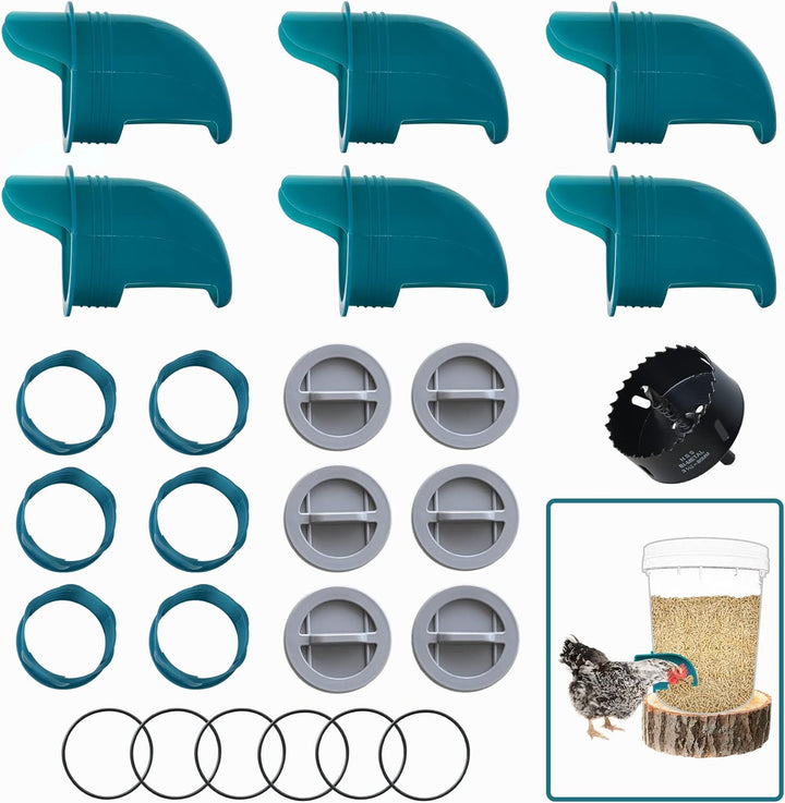 Whimsii Hühnerfutterspender ohne Abfall, 6 Anschlüsse + Lochsäge, Automatischer Hühnerfutterspender,