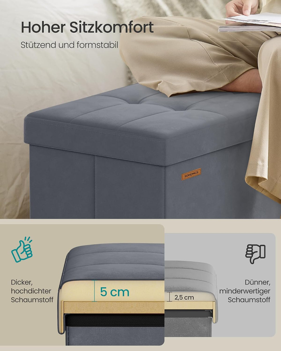 SONGMICS Sitzbank mit Stauraum, klappbare Sitztruhe, 38 x 110 x 38 cm | Aufbewahrungsbox, Deckel kla