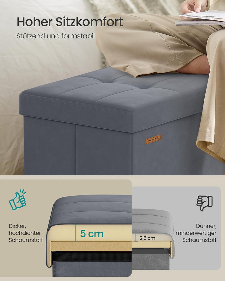 SONGMICS Sitzbank mit Stauraum, klappbare Sitztruhe, 38 x 110 x 38 cm | Aufbewahrungsbox, Deckel kla