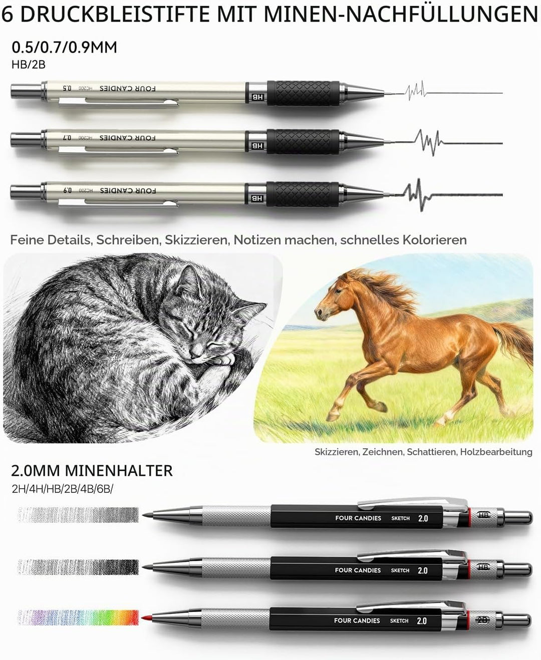 Four Candies 52 Stück Kunstzubehör Skizzier- und Zeichenset mit 10 Micron Fineliner-Stiften, 6 Zeich