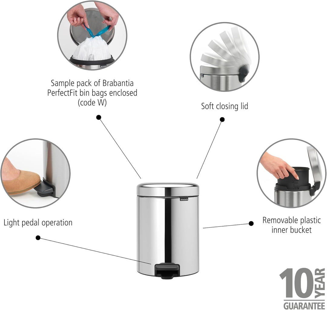 Brabantia Treteimer mit Inneneimer aus Kunststoff, stahl, Brilliant Steel, 5L, Brilliant Stahl 5 Lit