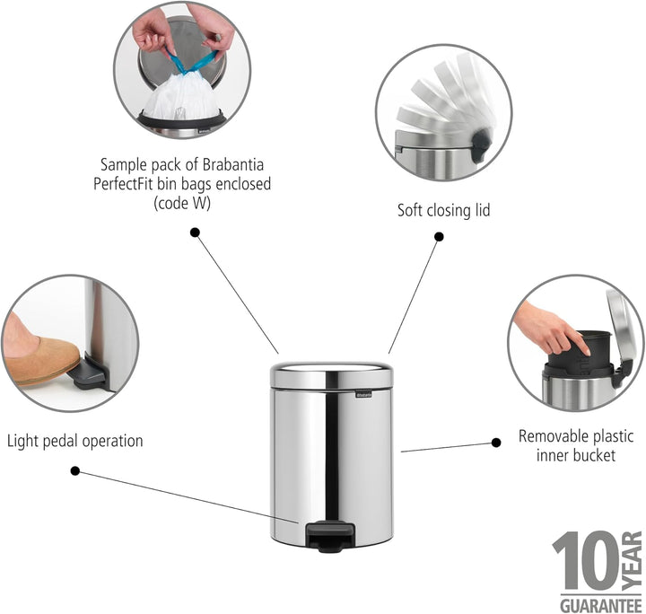 Brabantia Treteimer mit Inneneimer aus Kunststoff, stahl, Brilliant Steel, 5L, Brilliant Stahl 5 Lit
