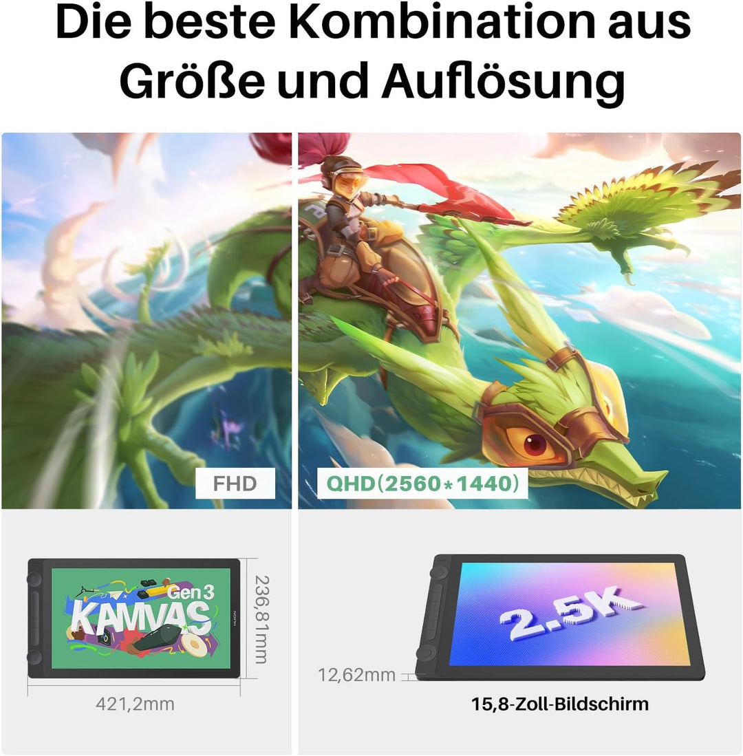 HUION Kamvas 16 Gen 3 2,5K QHD Grafiktablett mit Display, 15,8 Zoll Zeichentablett mit Entspiegeltem