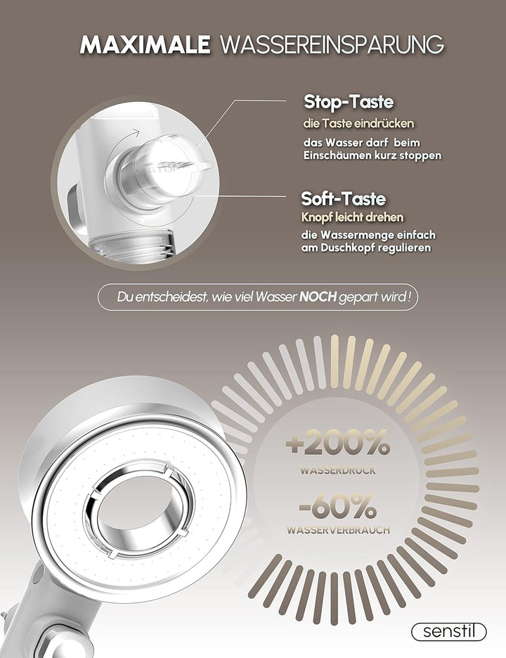 senstil® Premium Duschkopf mit Schlauch | bis zu 60% wassersparende Handbrause | 3 Strahl Modi | SPA
