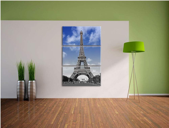 Eifelturm mit blauem Himmel Paris schwarz/weiss 3-Teiler Leinwandbild 120x80 Bild auf Leinwand, XXL