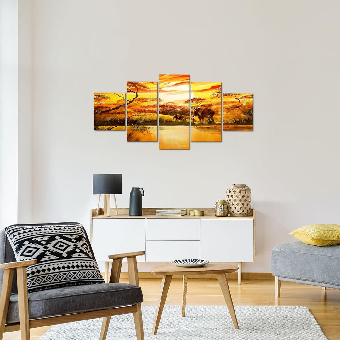 Runa Art Wandbilder Afrika Elefant 5 Teilig Bild auf Vlies Leinwand Deko Wohnzimmer Schlafzimmer Son