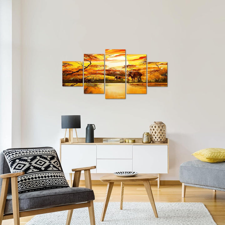 Runa Art Wandbilder Afrika Elefant 5 Teilig Bild auf Vlies Leinwand Deko Wohnzimmer Schlafzimmer Son