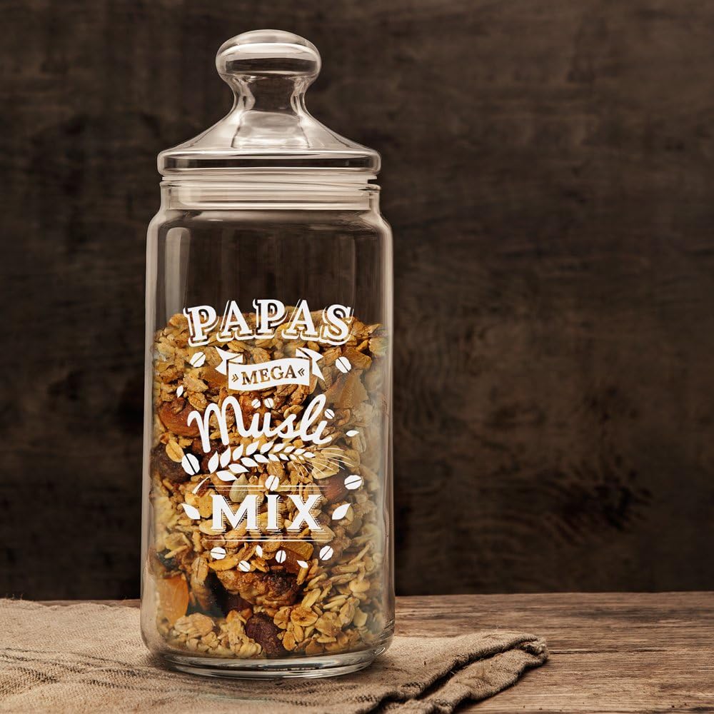 Casa Vivente – Müsliglas mit Gravur – Papas Mega Müsli Mix – Aufbewahrungsglas mit luftdichtem Versc