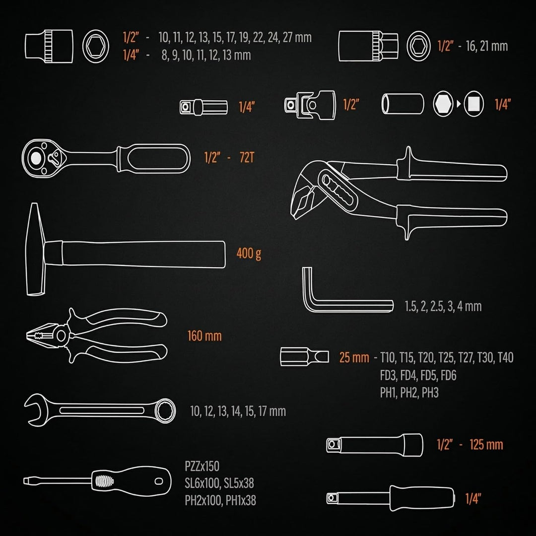 NEO TOOLS Universal Werkzeugkoffer 56-teilig mit Ratsche und Stecknüssen | CrV- und S2-Stahl; 72-Zah