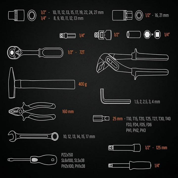 NEO TOOLS Universal Werkzeugkoffer 56-teilig mit Ratsche und Stecknüssen | CrV- und S2-Stahl; 72-Zah