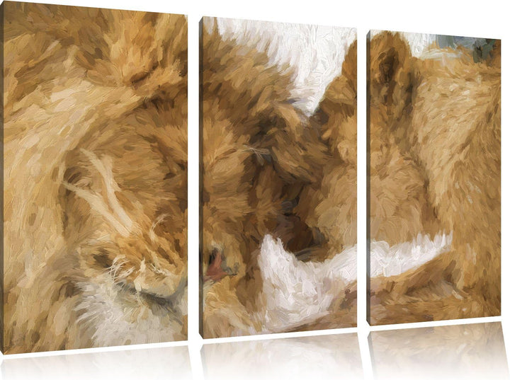 Pixxprint Kuschelnde Löwen Pinsel Effekt 3-Teiler Leinwandbild 120x80 Bild auf Leinwand