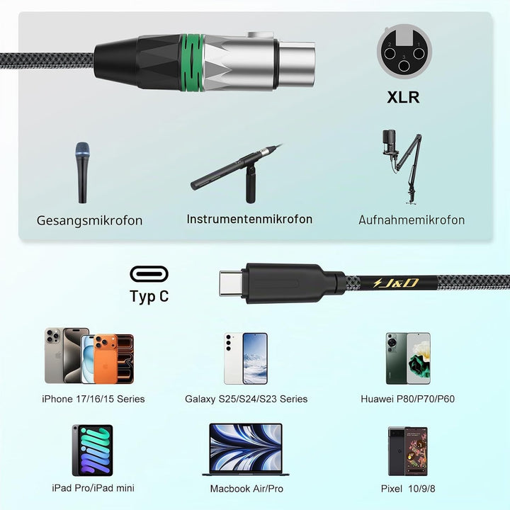 J&amp;D USB-C zu XLR Mikrofon Audio Kabel für Audioaufnahme, Dynamisches Mikrofon, Geflochtenes USB-C zu