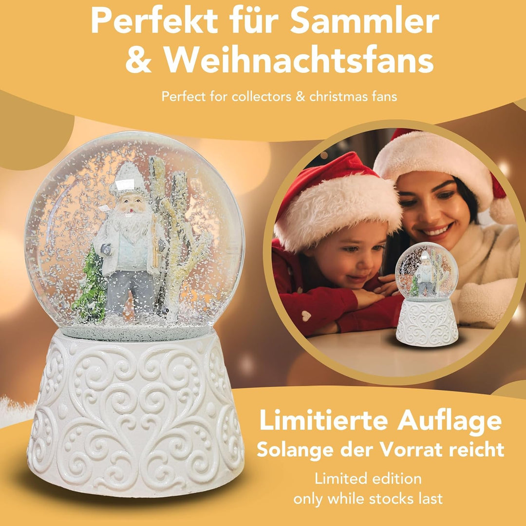 Schneekugel Weihnachten mit Musik | Weihnachtswichtel grau weiss | Sockel weiss Ornamente | H: 14cm