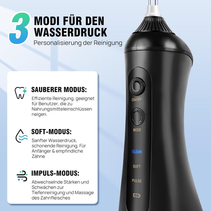 Wiederaufladbarer Munddusche, tragbarer elektrischer Zahnreiniger mit 320 ml, 3 Modi und 6 Ersatzdüs