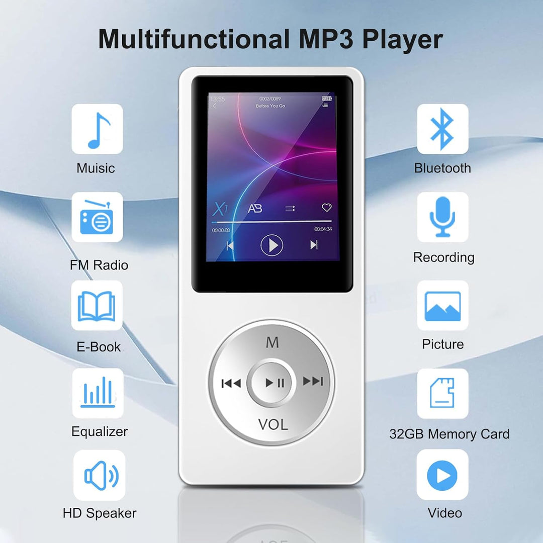 32GB MP3 Player Bluetooth 5.0 Musik Player, Nur 29g, mit 1.8" LCD-Bildschirm& Kopfhörer HiFi Sound K