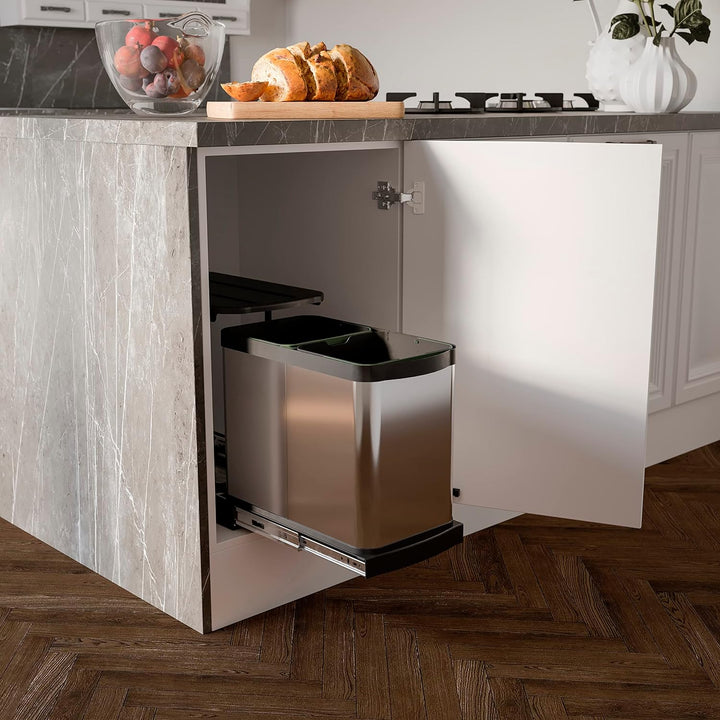 Emuca - Küchenabfallbehälter Recycle Inox, 2 x 12 L, Bodenbefestigung und Handauszug, Edelstahl Inox