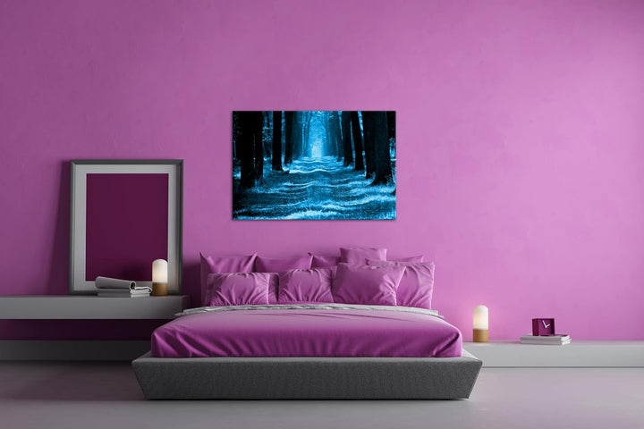 deyoli Waldweg im Herbst Format 80x60 Effekt: Monocrome Blau als Leinwandbild, Motiv fertig gerahmt