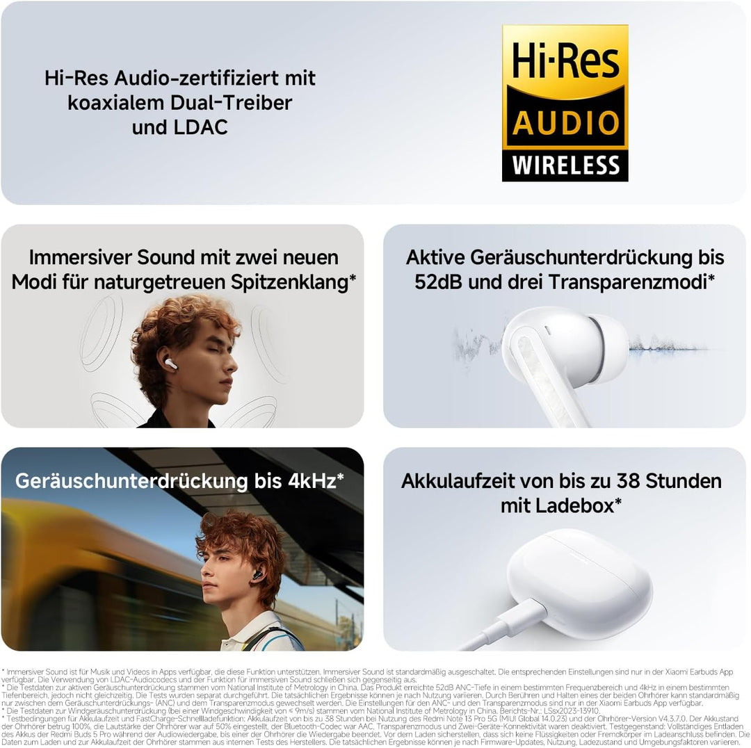 XIAOMI Redmi Buds 5 Pro Bluetooth 5.3 In-Ear Kopfhörer, 52dB aktive Geräuschunterdrückung, Bis zu 38