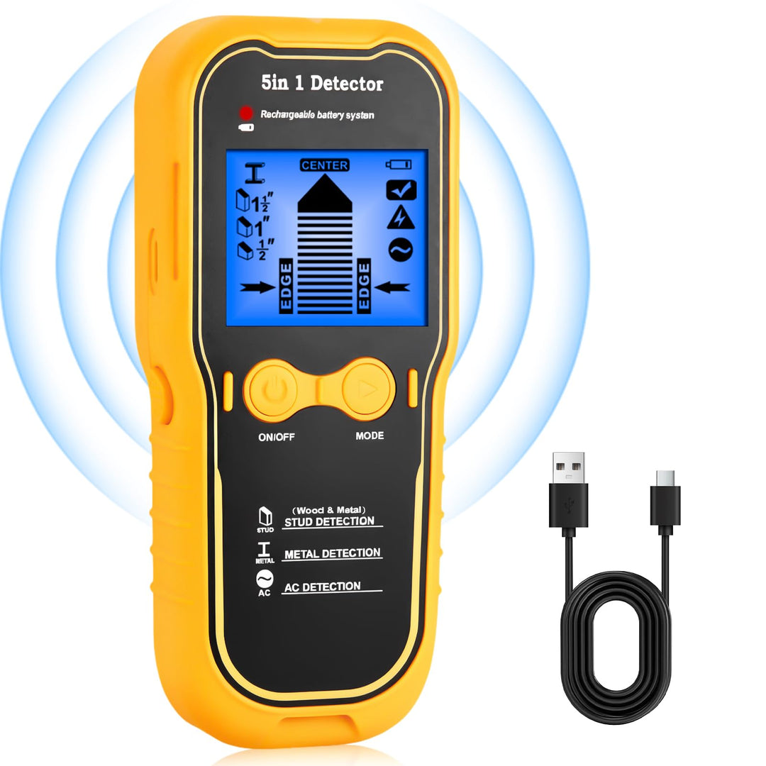 Wandscanner 5 in 1 Wiederaufladbar Stud Finder Holz Metall AC Stromkabel | Type-C Schnellladung LCD