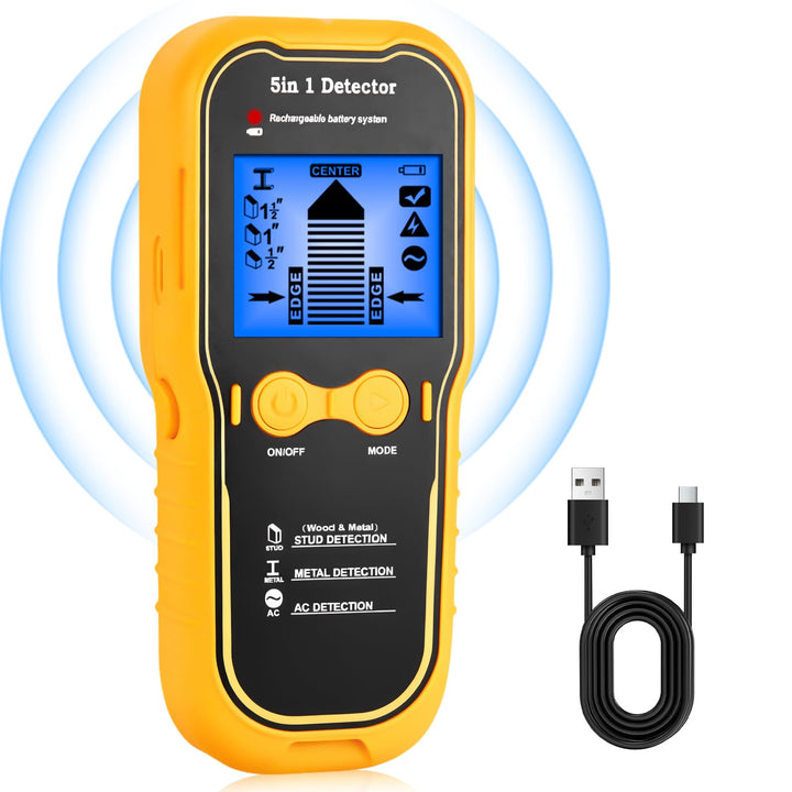 Wandscanner 5 in 1 Wiederaufladbar Stud Finder Holz Metall AC Stromkabel | Type-C Schnellladung LCD