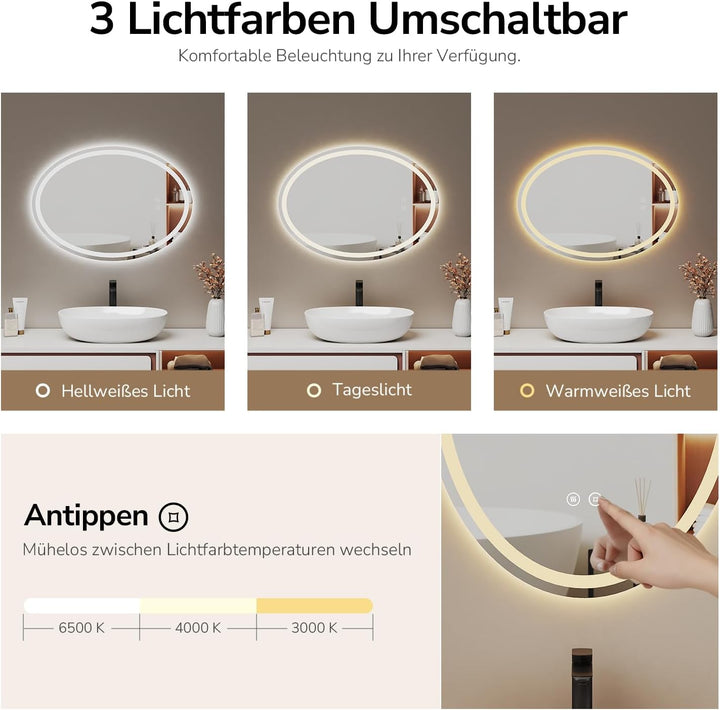 EMKE Badspiegel mit Beleuchtung oval 60x80cm, Badezimmerspiegel mit 3 Lichtfarben Dimmbar, Antibesch