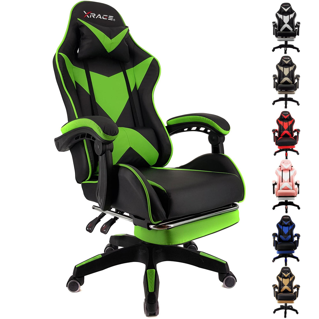 xRace Gaming-Stuhl Hoher Drehstuhl aus Leder mit Lendenwirbelstütze, Kopfstütze und Fussstütze, vers