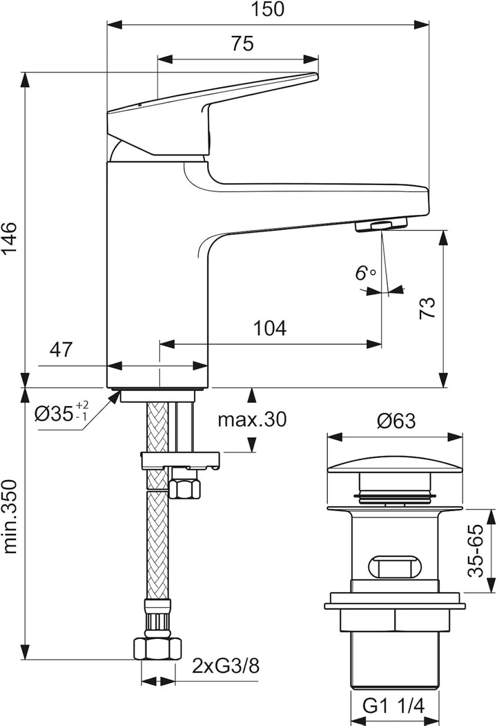 Ideal Standard BD216AA Ceraplan Waschtischarmatur mit Push-Open Ventil Auslaufhöhe 73mm BlueStart /