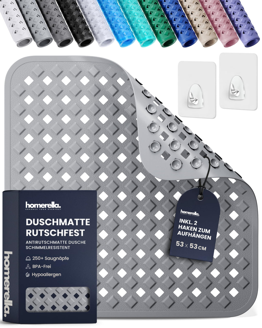 Homerella® Duschmatte rutschfest - 100% BPA frei - Inkl. 2 Haken zum Aufhängen 53x53cm - Antirutschm