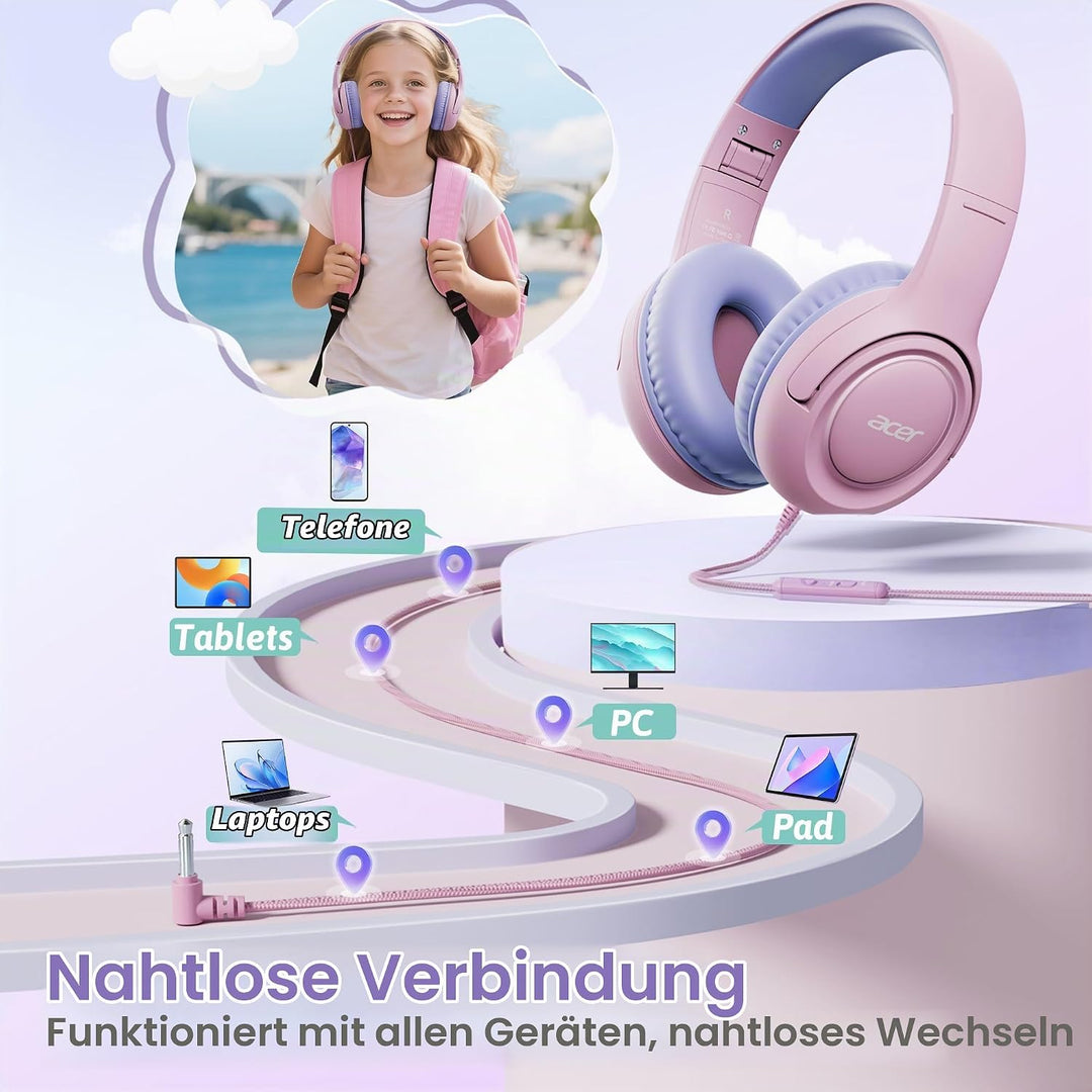 Acer Kopfhörer Kinder mit 3,5 mm Kabel, 85/94dB Lautstärkebegrenzung Hellrosa Lila, Hellrosa Lila