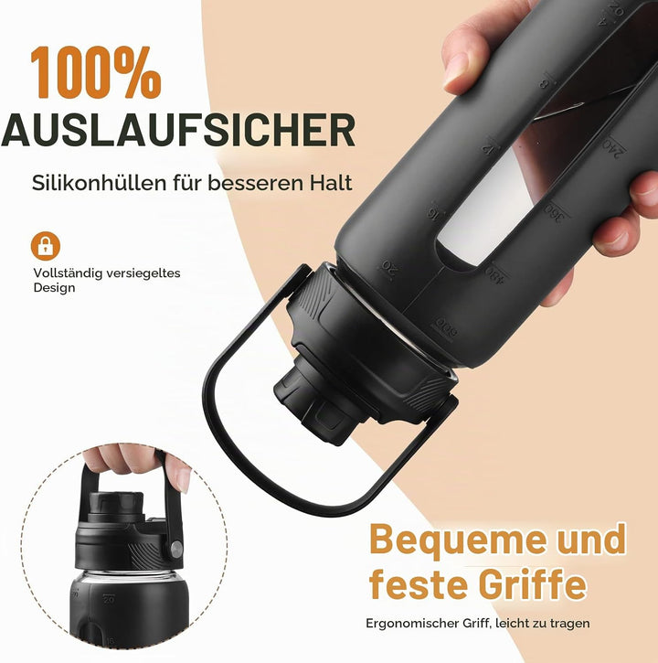 BLUEGO 600ml Glaswasserflasche mit Strohhalm und 2 Deckeln Kaffeetasse aus Glas mit Zeitmarkierung u
