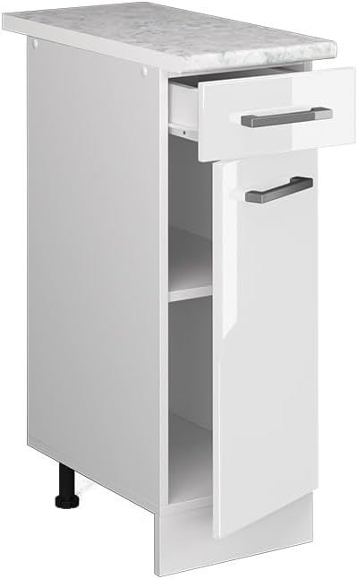 Vicco Küchenunterschrank R-Line, Weiss Hochglanz/Weiss, 30 cm mit Arbeitsplatte Weiss Hochglanz Schu