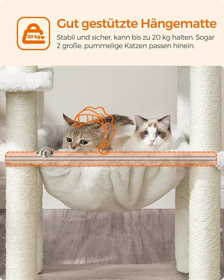 Feandrea Kratzbaum, 138 cm Katzenbaum, modern, mehrstöckiger Katzenkratzbaum, Kuschelhöhle, Sisalstä