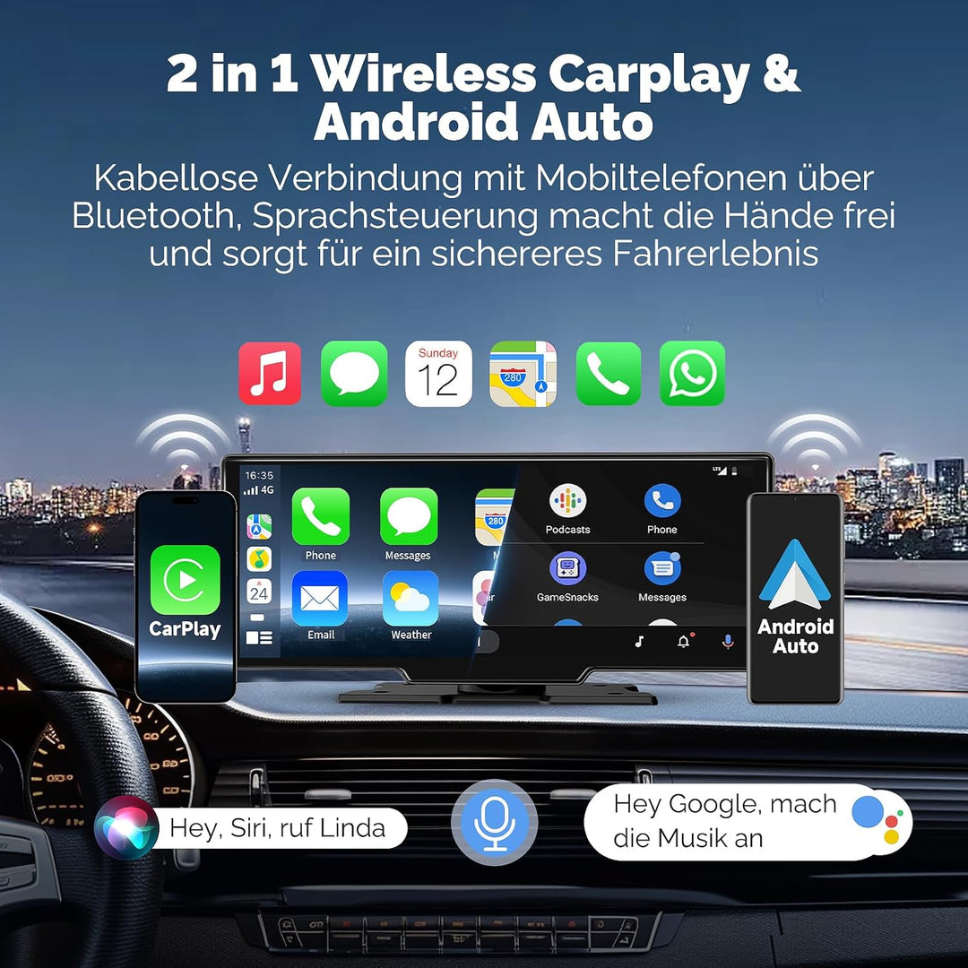 Alpinetech 11 Zoll Carplay Display &amp; Android Auto Display, Car Play mit 4K Dashcam 1080P Rückfahrkam