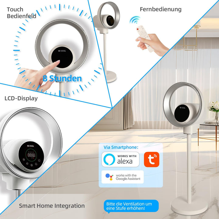 Be Cool Design-Standventilator mit WiFi – unsichtbarer Flügel, LED-Beleuchtung, Touch-Bedienfeld + L