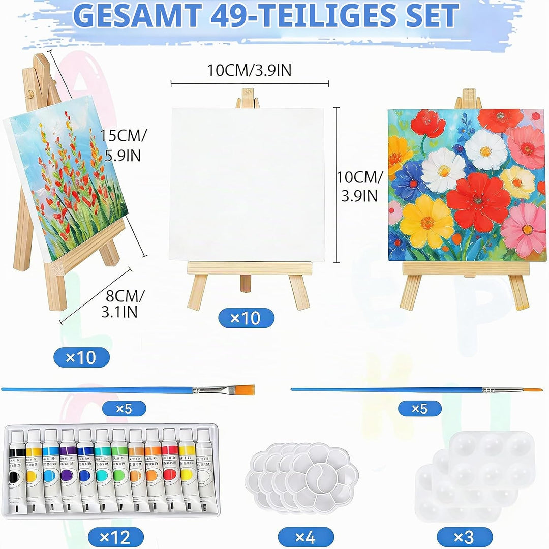 10 Stück Mini Leinwand mit Mini Staffelei, Kleine Leinwände mit Staffelei Klein, 10 Pinseln&amp;12Acrylf