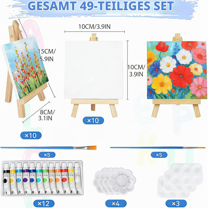 10 Stück Mini Leinwand mit Mini Staffelei, Kleine Leinwände mit Staffelei Klein, 10 Pinseln&amp;12Acrylf